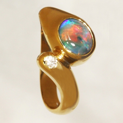 CUSTOM MADE 18k Yellow Gold Ring with a diamond and a SOLID BLACK OPAL Bright red Flame pattern. SEE VIDEO
